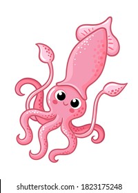 Vector Illustration With Pink Squid On A White Background. Sea Animal In Cartoon Style.