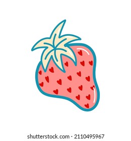 Vector illustration, pink strawberries with heart seeds in doodle style, 80s style, Valentine's day, isolated element. Romantic illustration for postcards, posters, stickers, print on clothes.