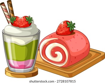 Vector illustration of a pink strawberry cake roll and layered cream dessert with strawberries