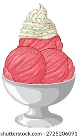 Vektorgrafik von rosafarbenen Erdbeer-Eisbechern mit Schlagsahne und Sprinkles