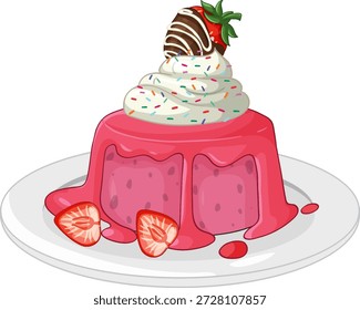 Ilustración vectorial de un pudín de fresa rosado cubierto con nata batida y fruta mojada de chocolate