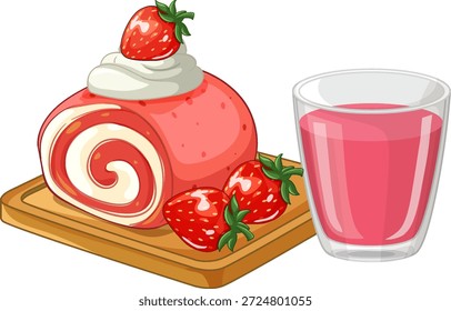 Ilustración vectorial de una torta rosada del rollo de la fresa en un tablero de madera con el jugo