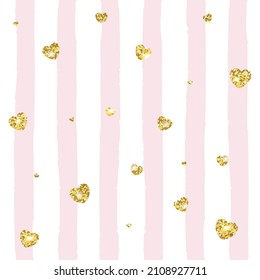 Vektorgrafik mit rosafarbenen Streifen und goldenem glänzendem Herz. Hintergrund mit weiß-rosa Streifen