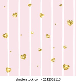 Vector illustration with pink stripes and gold glitter heart. Background with white and pink strips