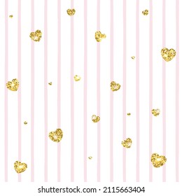 Ilustración vectorial con rayas rosadas y corazón brillante dorado. Fondo con tiras blancas y rosas