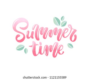 Vector illustration of pink summer time text for greeting card/print on t-shirt/invitation/poster/store/gift/banner template. Summer time letteting on white background with green leaves.