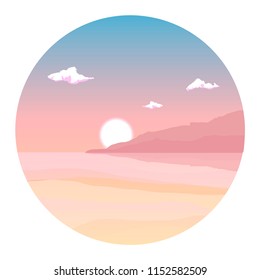 vector illustration of pink sunset over ocean and island in circle shape