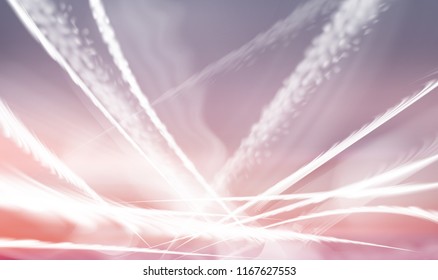 Vector illustration of pink sunset sky with many airplanes traces. White lines and bands drawn in all directions. Abstract background with crossed jet contrails of aircraft slightly dispelling