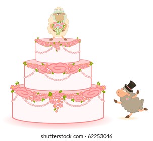 Vector Illustration of pink sweet wedding cake on white background