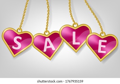 Vector illustration of pink tags hanging on chain with text Sale isolated on white background. Heart shape badges in golden framed for discount, big sales or promo. Ad banner or poster for shop store.
