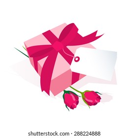 A vector illustration of a pink teddy bear soft toy peeking out of a white valentine's day gift basket.