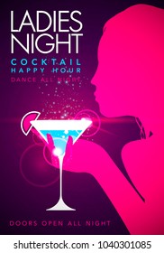 Vector illustration pink template party event happy hour ladies night flyer design with cocktail glass