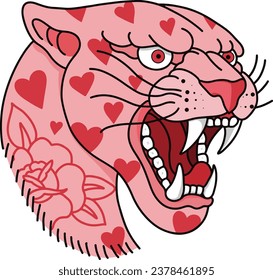 Vector Illustration with Pink Tiger Isolated on a White Background. Tiger's portrait made in an old-stylized tattoo. Vector illustration for coloring book, t-shirts, tattoo art, boho design, posters, 