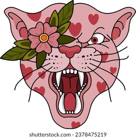 Vector Illustration with Pink Tiger Isolated on a White Background. Tiger's portrait made in an old-stylized tattoo. Vector illustration for coloring book, t-shirts, tattoo art, boho design, posters, 