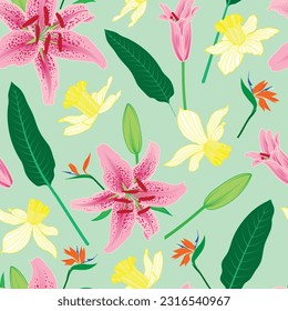 Ilustración vectorial. Lirio tigre rosa, daffodils y pájaros del paraíso flor patrón de repetición sin fisuras.

