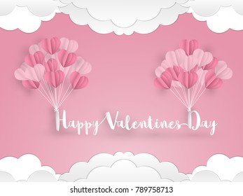 Vector illustration of pink tone balloons in a heart shape float with" Happy Valentines Day" text on pink sky ,white cloud background. Concept of love and valentine day, paper art style.