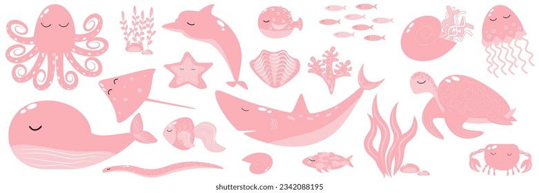 Vector illustration pink trend set marine animals whale shark dolphin octopus stingray crab banner template EPS10