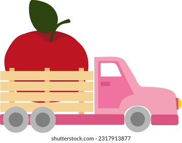 Vector illustration with pink truck with red apple in cartoon style
