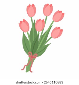 Vector illustration of a pink tulip bouquet tied with a ribbon. Elegant floral clipart perfect for spring themes, wedding invitations, greeting cards, and romantic occasions.