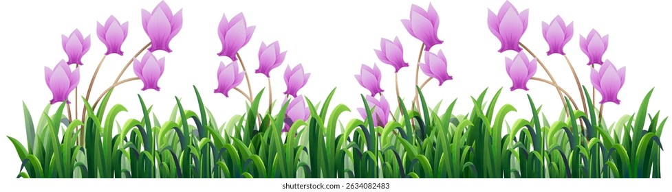 Vector illustration of pink tulips amidst green grass, showcasing vibrant colors and a natural composition