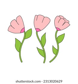 Vector illustration with pink tulips on isolated background. Set of flowers in retro style