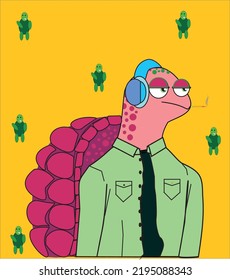 Vector illustration of a pink turtle wearing a headset. for NFT artwork and crypto graphic assets