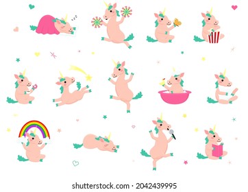 Vektorgrafik von rosafarbenem Einhorn mit verschiedenen Handlungen und Emotionen einzeln auf blauem Hintergrund. Cartoon-Charakter für Druck, Grußkarten, Poster, Kinderzimmer.