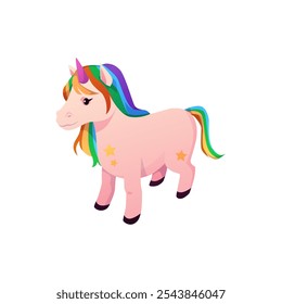 Ilustración vectorial de unicornio rosa con cuerno y melena y cola de arco iris. Animal de hadas de fantasía sobre fondo aislado. El carácter místico de los niños. Estilo plano de la historieta. Icono para el diseño.