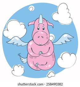 vector illustration of a pink unicorn meditating on the cloud