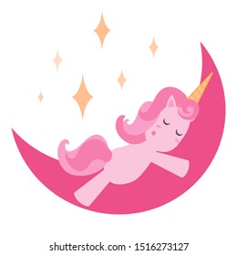 Vector illustration of a pink unicorn sleeping on the moon among the stars on a white background.