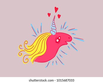 Vector illustration. Pink unicorn with yellow luxurious mane. Valentine's Day.
