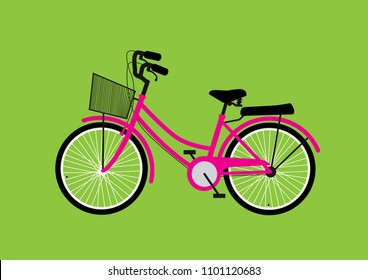 Vector Illustration Of Pink Utility Bicycle Isolated On Green Background