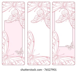 Ilustración vectorial de tarjetas verticales rosas con mariposas