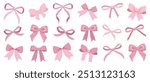 Vector Illustration of pink vintage bows. Girly hair decor, flat icon. Ribbons isolated. Trendy girls accessories. Cute hairstyle elements collection. Simple hand drawn bow collection. Bowknot set 