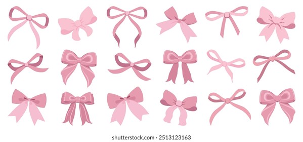 Vector Illustration of pink vintage bows. Girly hair decor, flat icon. Ribbons isolated. Trendy girls accessories. Cute hairstyle elements collection. Simple hand drawn bow collection. Bowknot set 