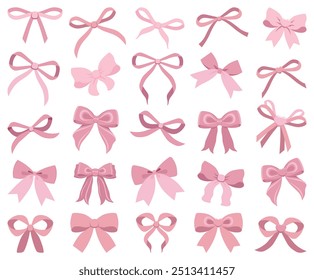 Vector Illustration of pink vintage bows. Girly hair decor, flat icon. Ribbons isolated. Trendy girls accessories. Cute hairstyle elements collection. Simple hand drawn bow collection. Bowknot