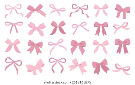 Vector Illustration of pink vintage bows. Girly hair decor, flat icon. Ribbons isolated. Trendy girls accessories. Cute hairstyle elements collection. Simple hand drawn bow collection. Bowknot for dec