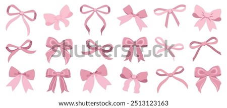 Vector Illustration of pink vintage bows. Girly hair decor, flat icon. Ribbons isolated. Trendy girls accessories. Cute hairstyle elements collection. Simple hand drawn bow collection. Bowknot set 