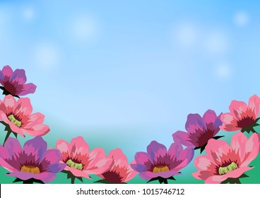 Vector illustration with pink and violet flowers and blue sky with place for text for decoration, decorative frame or border, background, postcard, greeting card