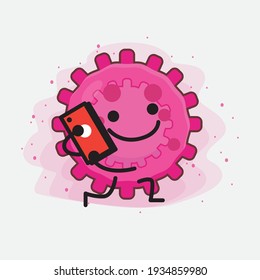 Vector Illustration of Pink Virus Character with cute face, simple hands and leg line art on Isolated Background. Flat cartoon doodle style.