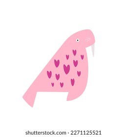 Vector illustration of a pink walru in hearts in a modern trendy flat style. Colorful art print, graphic design