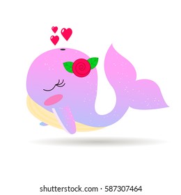 vector illustration of a pink whale with flower and hearts