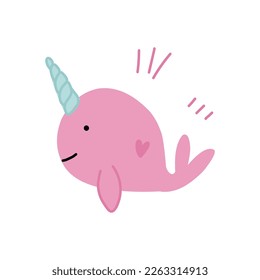 Vector illustration pink whale with horn, narwhal in cartoon style for card, sticker and print