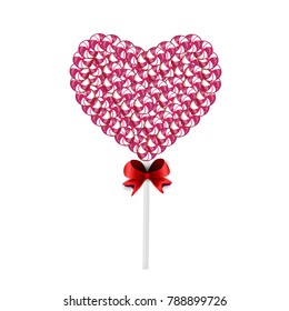 Vector illustration of pink and white lolipop heart made of sweets and candies bounded with red ribbon isolated on white background. Candy heart on stick with twisted design on white background.