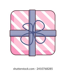 Vector illustration with a pink and white striped gift box. The box is a cartoon-style top view with a black outline on a white background