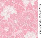 Vector illustration of pink and white two-color seamless floral pattern. Floral organic background with dotted flowers and leaves. For textile, wallpaper and packaging. 