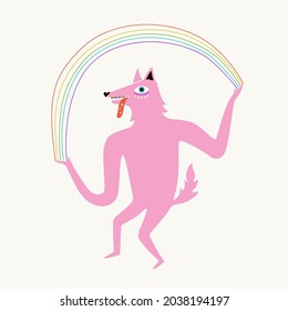 Vector illustration with pink wolf or dog and doodle line rainbow. Colored trendy print design with animal