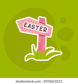A vector illustration of a pink wooden Easter signpost with grass at its base on a vibrant green background. Perfect for Easter-themed designs, invitations, and holiday decorations.