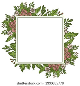 Vector illustration pink wreath frame blooms with greeting card hand drawn