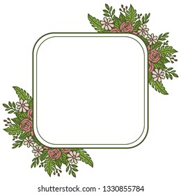 Vector illustration pink wreath frame blooms with greeting card hand drawn